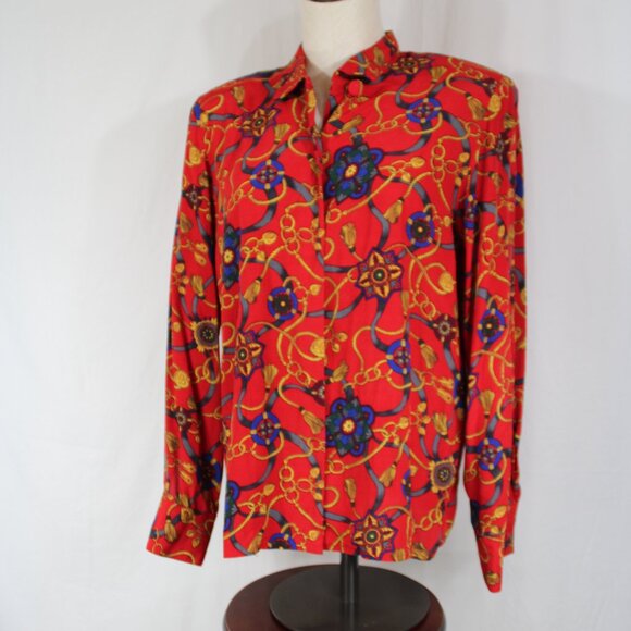 Talbots Blouse Women 6 Red Gold Chain Tassel 80s 90s VTG USA Made Rayon - Picture 1 of 8